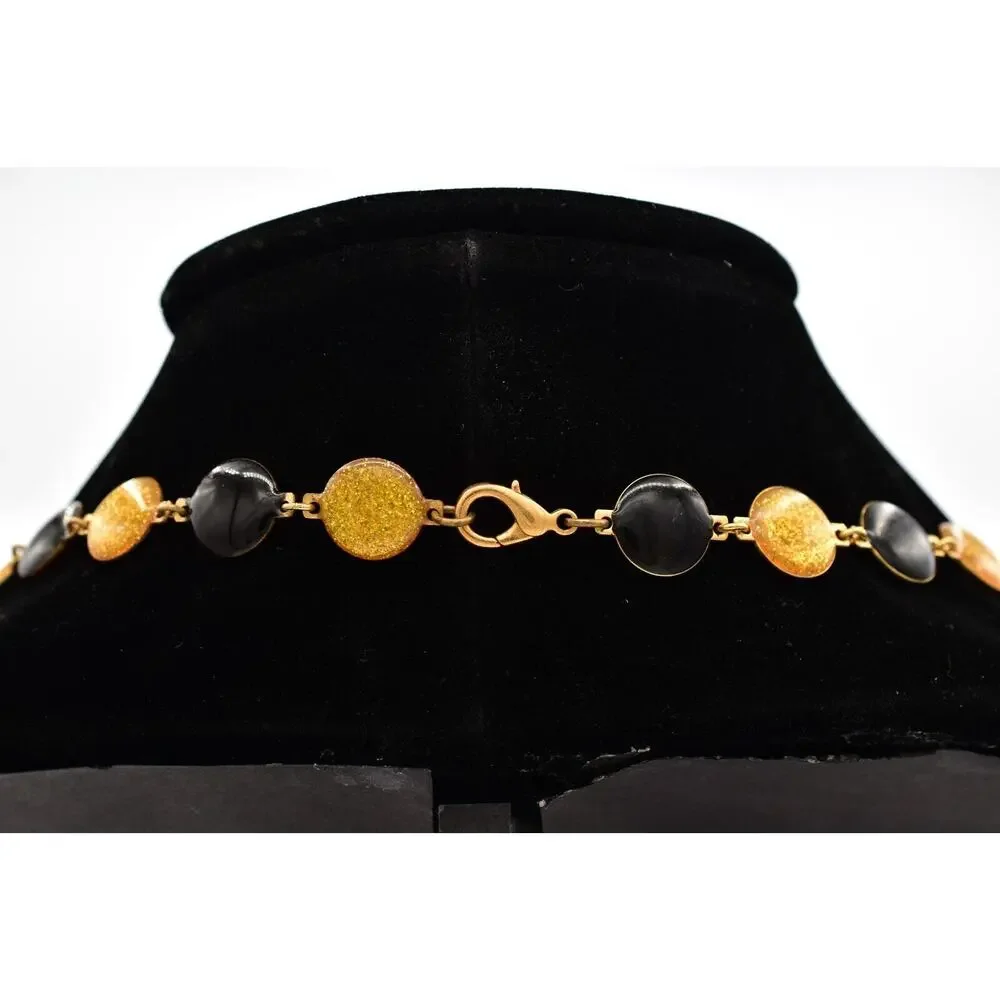 Vintage Black Gold Necklace Enamel Chain Gold Round Dot Circle Linked BinBD